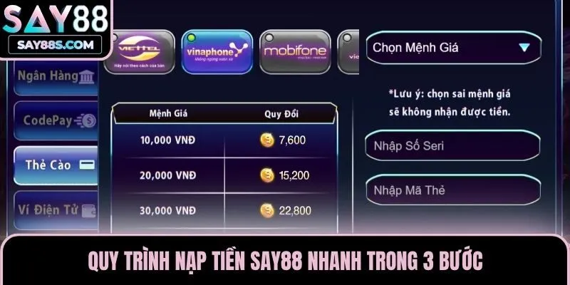 Quy trình nạp tiền Say88 nhanh trong 3 bước